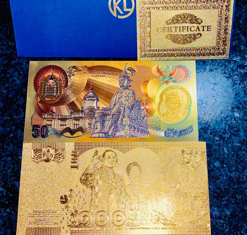 THAILAND - SET 100 BAHT GOLD & 50 BAHT COLORIZED GOLD FOIL999 CARD -AMAZING ART- WITH CERT & FOLDER