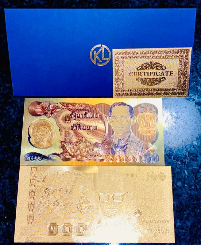 THAILAND - SET 100 BAHT GOLD & 50 BAHT COLORIZED GOLD FOIL999 CARD -AMAZING ART- WITH CERT & FOLDER
