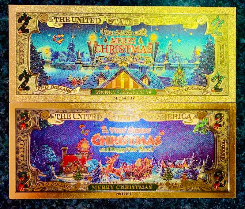 U S A - 2 DOLLARS MERRY CHRISTMAS - COLORIZED GOLD FOIL999 CARD - AMAZING ART -