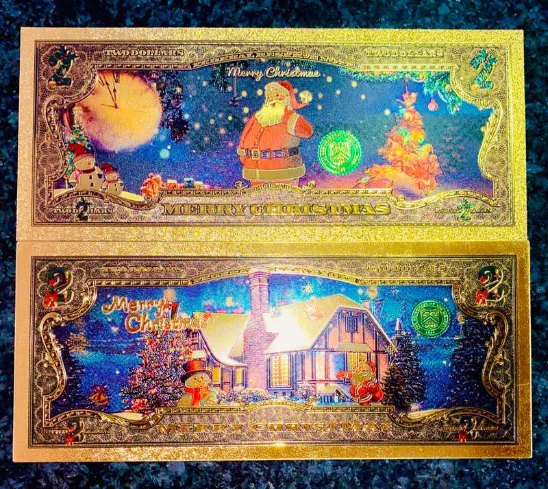 U S A - 2 DOLLARS MERRY CHRISTMAS - COLORIZED GOLD FOIL999 CARD - AMAZING ART -
