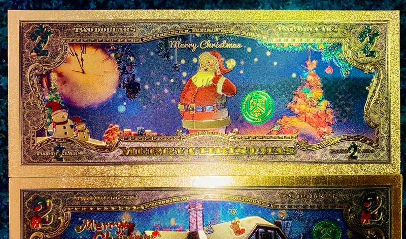 U S A - 2 DOLLARS MERRY CHRISTMAS - COLORIZED GOLD FOIL999 CARD - AMAZING ART -