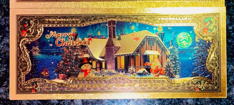 U S A - 2 DOLLARS MERRY CHRISTMAS - COLORIZED GOLD FOIL999 CARD - AMAZING ART -