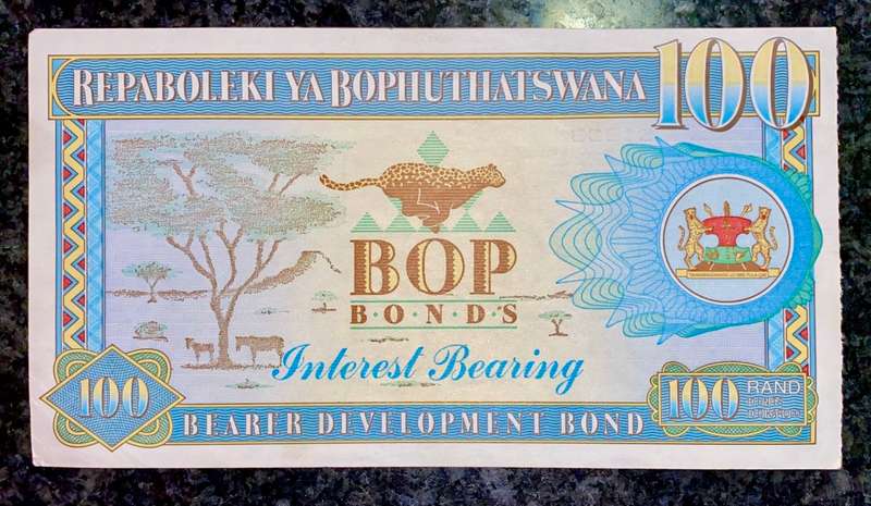 BOPHUTHATSWANA R100 BOP BONDS STAMPED 1989 BOPHUTHATSWANA