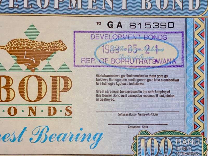 BOPHUTHATSWANA R100 BOP BONDS STAMPED 1989 BOPHUTHATSWANA