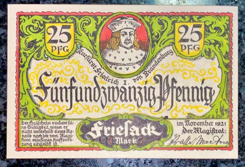 GERMANY 25 PFENNING - FRIESACK - 1921 UNC NOTGELD (EMERGENCY MONEY) - AMAZING ART