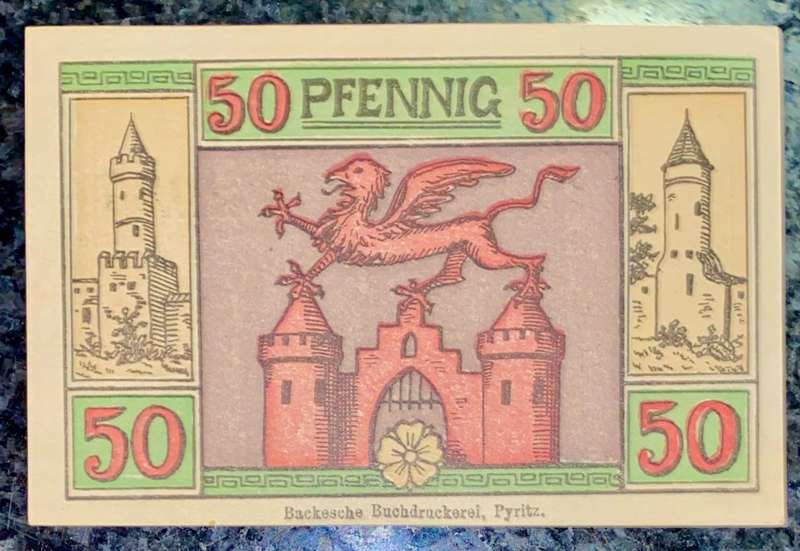 GERMANY 50 PFENNIG - PYRITZ CHÂTEAU - 1921 UNC NOTGELD (EMERGENCY MONEY) - AMAZING ART