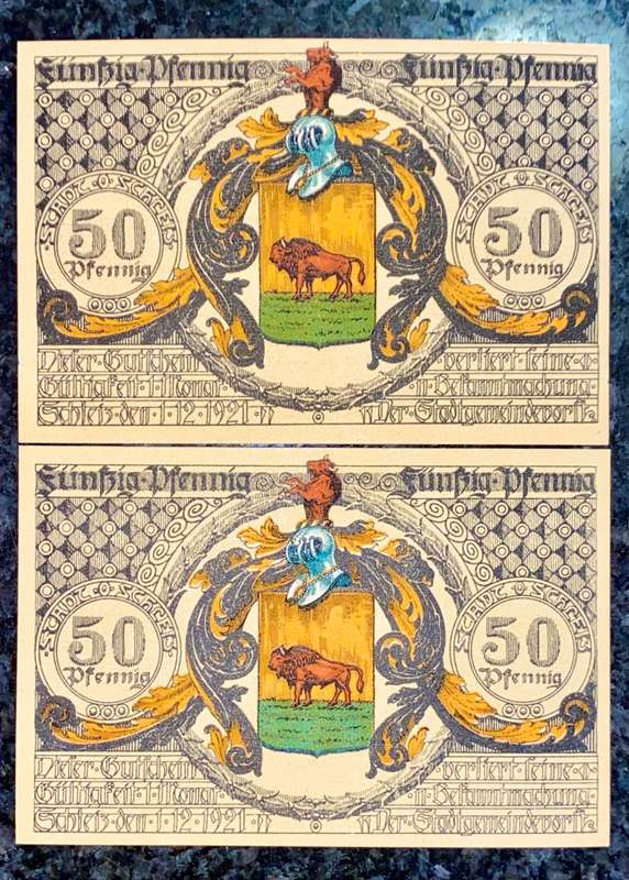 GERMANY 50 PFENNIG - TWO DIFFERENT SCHLEIZ - 1921 UNC NOTGELD (EMERGENCY MONEY) - AMAZING ART