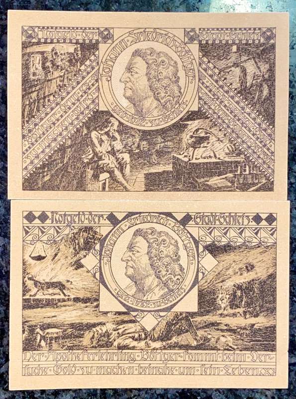GERMANY 50 PFENNIG - TWO DIFFERENT SCHLEIZ - 1921 UNC NOTGELD (EMERGENCY MONEY) - AMAZING ART