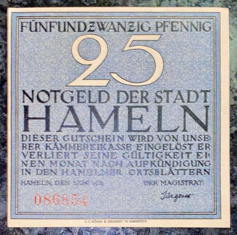 GERMANY 25 PFENNIG - HAMELN - 1921 UNC NOTGELD (EMERGENCY MONEY) - AMAZING ART