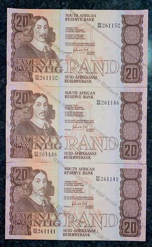 GPC DE KOCK R20 CLOSE IN SEQUENCE D2 96/261150 & 146 & 141 UNC E/A 3RD ISSUE 1984 (1 BID TAKES ALL)