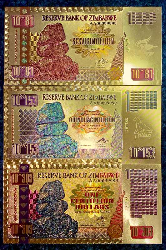 ZIMBABWE - ZIM DOLLARS  - SEXVIGINTILLION, CENTILLION, QUINQUAGINTILION .COLORIZED GOLD FOIL999 CARD