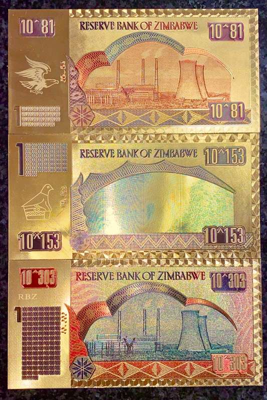 ZIMBABWE - ZIM DOLLARS  - SEXVIGINTILLION, CENTILLION, QUINQUAGINTILION .COLORIZED GOLD FOIL999 CARD