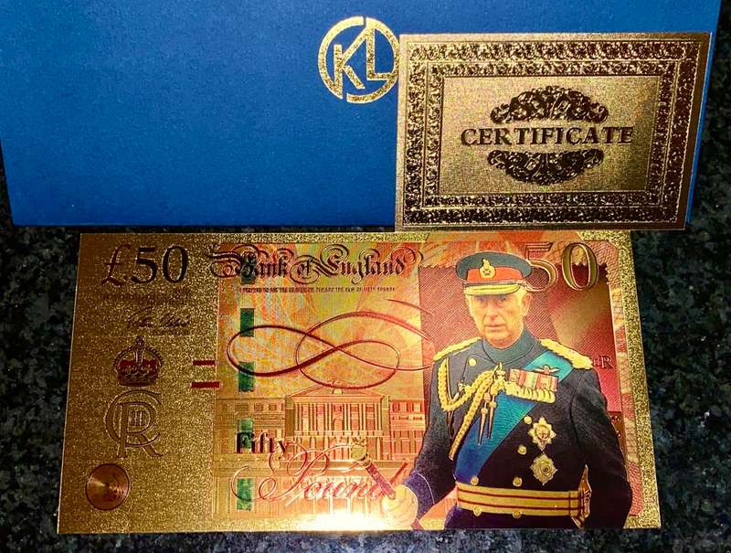 GREAT BRITAIN -- 50 POUNDS KING CHARLES -- COLORIZED GOLD FOIL999 CARD LOVELY ART WITH CERT & FOLDER