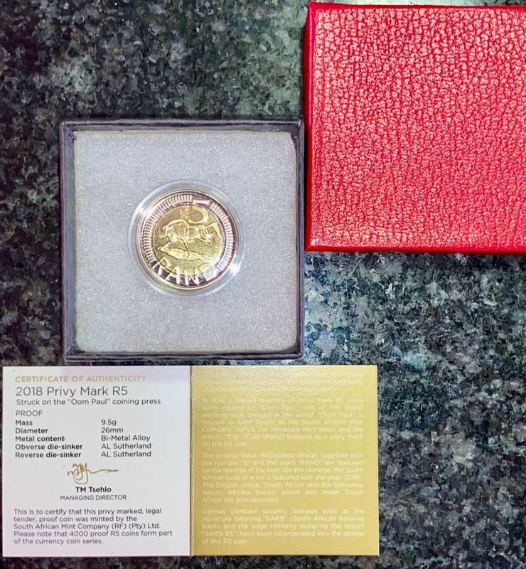 SOUTH AFRICA PROOF OOM PAUL MINTMARK R5 -- 2018 -- MINTAGE ONLY 254 -BOX WITH CERTIFICATE IN CAPSULE