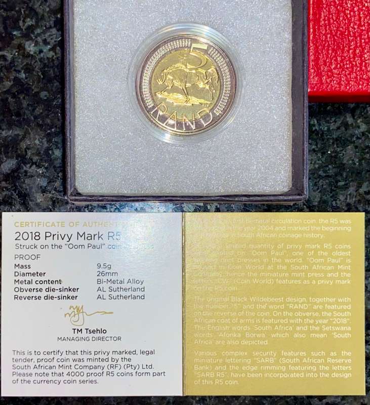 SOUTH AFRICA PROOF OOM PAUL MINTMARK R5 -- 2018 -- MINTAGE ONLY 254 -BOX WITH CERTIFICATE IN CAPSULE