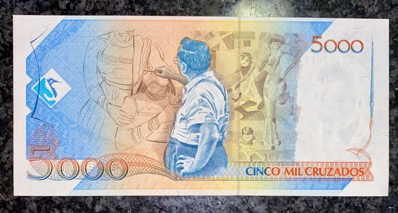 BRASIL 5000 CRUZADOS A 1989 UNC -- STAMPED 5 CRUZADOS NOVOS --