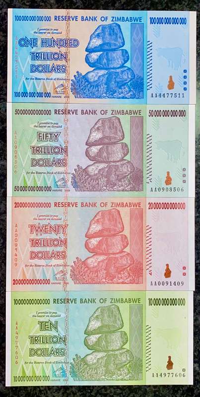 ZIMBABWE FULL SET AA TRILLION DOLLARS - 100 TRILLION, 50, 20 & 10 TRILLION 2008 UNC (1 BID TAKES ALL