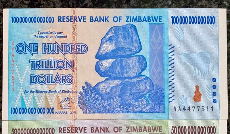 ZIMBABWE FULL SET AA TRILLION DOLLARS - 100 TRILLION, 50, 20 & 10 TRILLION 2008 UNC (1 BID TAKES ALL