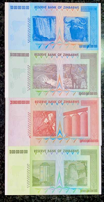 ZIMBABWE FULL SET AA TRILLION DOLLARS - 100 TRILLION, 50, 20 & 10 TRILLION 2008 UNC (1 BID TAKES ALL