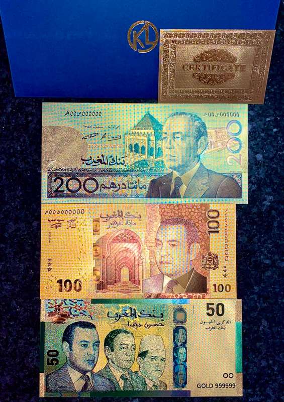 MOROCCO SET- 200 DIRHAMS, 100 DRS & 50 DIRHAMS 1987 COLORIZED GOLD FOIL999 CARD - WITH CERT & FOLDER