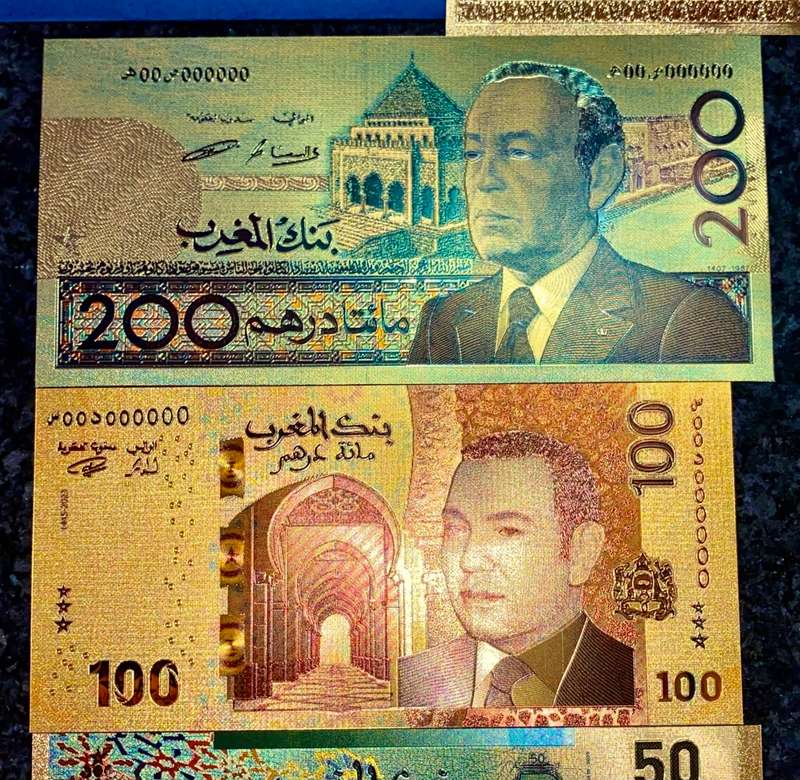 MOROCCO SET- 200 DIRHAMS, 100 DRS & 50 DIRHAMS 1987 COLORIZED GOLD FOIL999 CARD - WITH CERT & FOLDER