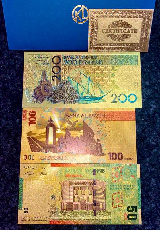 MOROCCO SET- 200 DIRHAMS, 100 DRS & 50 DIRHAMS 1987 COLORIZED GOLD FOIL999 CARD - WITH CERT & FOLDER