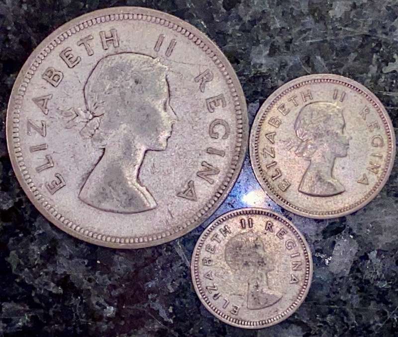 S A UNION SILVER SET 2 1/2 SHILLINGS, 6 PENCE 3D TICKEY 1957 (1 BID TAKES ALL)