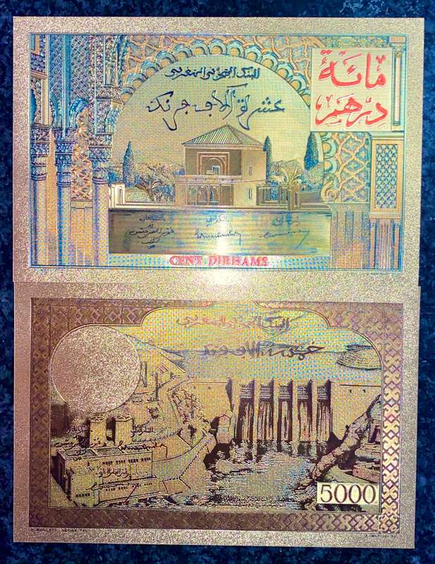 MOROCCO SET- 10,000 FRANCS 1955 & 5,000 FRANCS - COLORIZED GOLD FOIL99999 CARDS - BIG CARDS