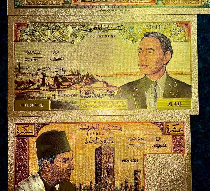 MOROCCO SET- 100 FRANCS 1843, 50 DIRHAMS, 10 DIRHM & 5 DIRHAMS 1969 - COLORIZED GOLD FOIL999 CARD -