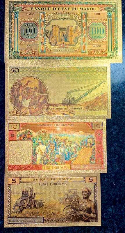 MOROCCO SET- 100 FRANCS 1843, 50 DIRHAMS, 10 DIRHM & 5 DIRHAMS 1969 - COLORIZED GOLD FOIL999 CARD -