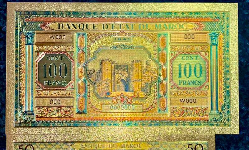 MOROCCO SET- 100 FRANCS 1843, 50 DIRHAMS, 10 DIRHM & 5 DIRHAMS 1969 - COLORIZED GOLD FOIL999 CARD -