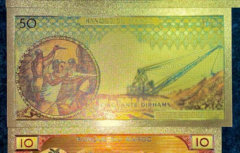 MOROCCO SET- 100 FRANCS 1843, 50 DIRHAMS, 10 DIRHM & 5 DIRHAMS 1969 - COLORIZED GOLD FOIL999 CARD -