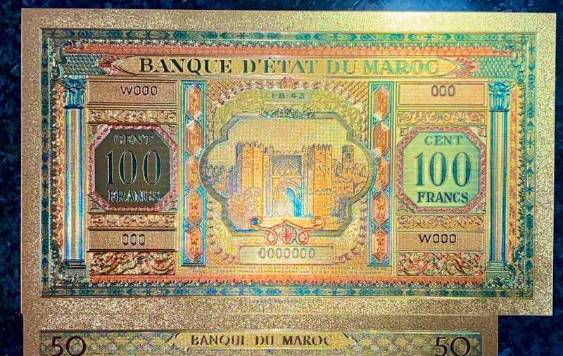 MOROCCO SET- 100 FRANCS 1843, 50 DIRHAMS, 10 DIRHM & 5 DIRHAMS 1969 - COLORIZED GOLD FOIL999 CARD -