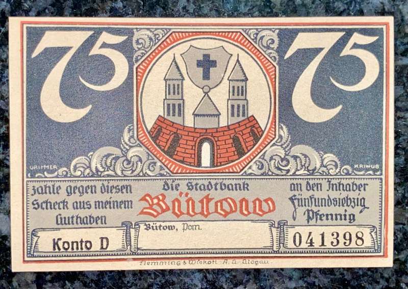 GERMANY 75 PFENNIG - BUTOW -  1920s UNC - LOVELY ART - NOTGELD(EMERGENCY MONEY)