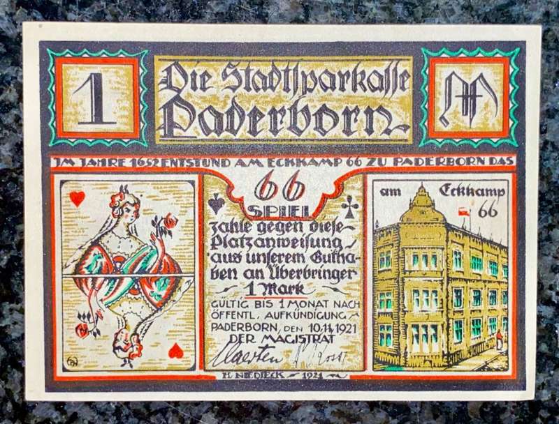 GERMANY 1 MARK - PADERBORN -  1921 UNC - LOVELY ART - NOTGELD(EMERGENCY MONEY)