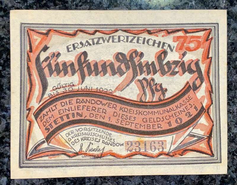 GERMANY 75 PFENNIG - STETTIN - 1921 UNC NOTGELD (EMERGENCY MONEY) - AMAZING ART