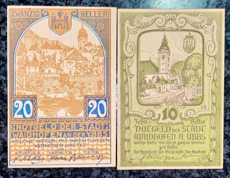 AUSTRIA SET 20 HELLER & 10 HELLER - WAIDHOFEN - 1920 UNC NOTGELD (EMERGENCY MONEY)