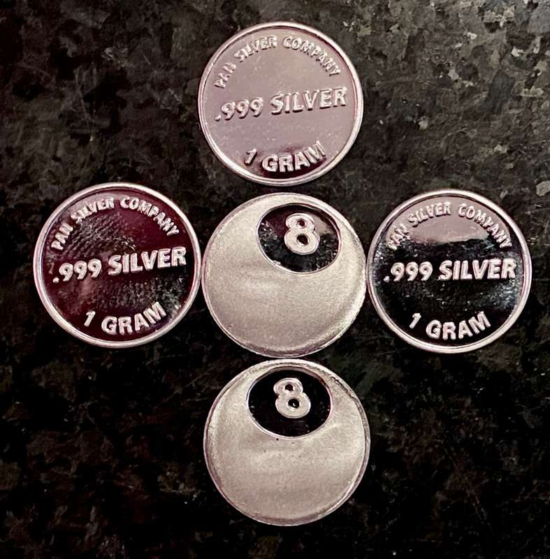 999 SILVER ROUND -- EIGHT BALL -- 1 GRAM FINE SILVER ROUNDS (1 AVALIABLE)