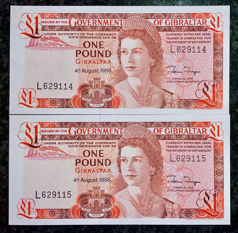 GIBRALTAR 1 POUND IN SEQUENCE L629115-114 UNC 4TH AUGUST 1988 [HARD TO GET IN SEQ](1 BID TAKES ALL)