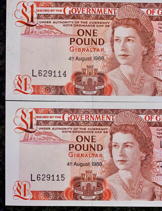 GIBRALTAR 1 POUND IN SEQUENCE L629115-114 UNC 4TH AUGUST 1988 [HARD TO GET IN SEQ](1 BID TAKES ALL)
