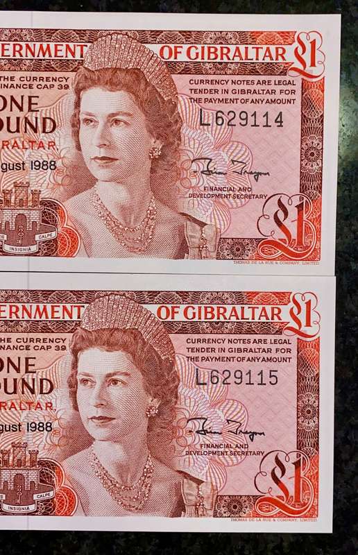GIBRALTAR 1 POUND IN SEQUENCE L629115-114 UNC 4TH AUGUST 1988 [HARD TO GET IN SEQ](1 BID TAKES ALL)