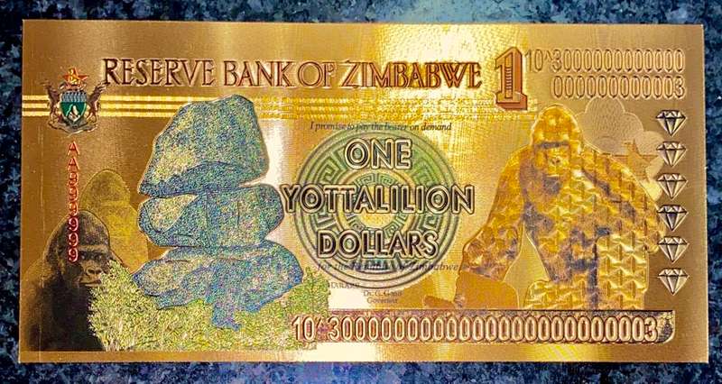 ZIMBABWE - YOTTALILION DOLLARS 10^3000000000000000000003 -- GORILLA -- COLORIZED GOLD FOIL999 CARD
