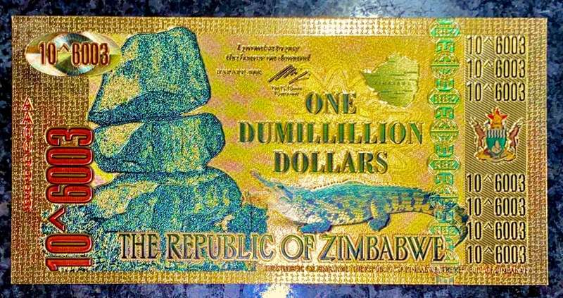 ZIMBABWE - DUMILLION DOLLARS 10^6003 -- CROCODILE -- COLORIZED GOLD FOIL999 CARD