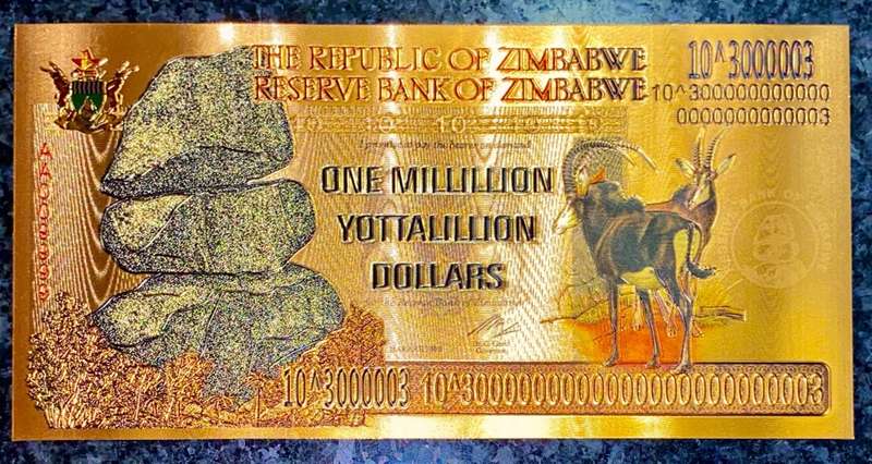 ZIMBABWE - 1 MILLION YOTTALILLION DOLLARS -- SABLE ANTELOPES -- COLORIZED GOLD FOIL999 CARD
