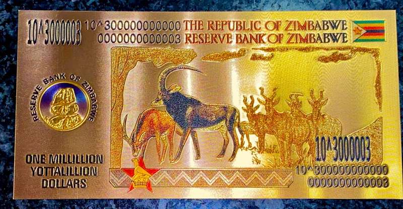 ZIMBABWE - 1 MILLION YOTTALILLION DOLLARS -- SABLE ANTELOPES -- COLORIZED GOLD FOIL999 CARD