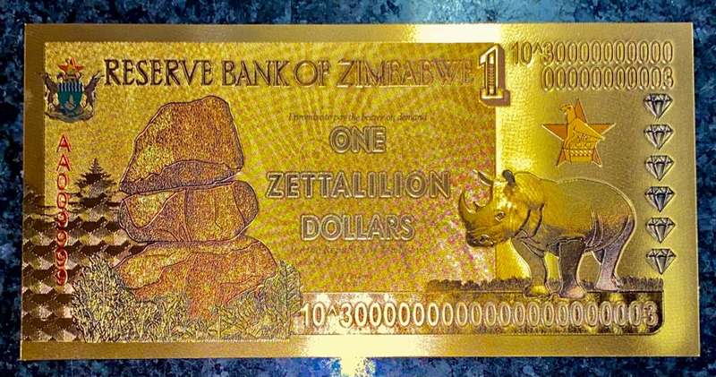 ZIMBABWE - 1 ZETTALILION DOLLARS -- WHITE RHINO -- COLORIZED GOLD FOIL999 CARD