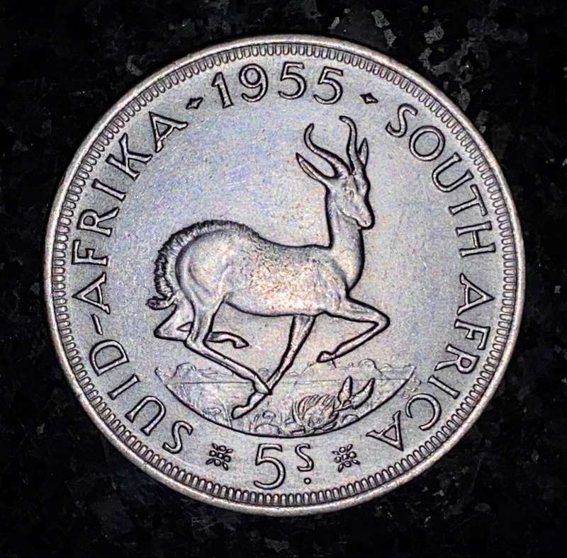 S A UNION SILVER 5 SHILLINGS 1955 MINTAGE ONLY 45080 VERY GOOD CONDITION SILVER CROWN