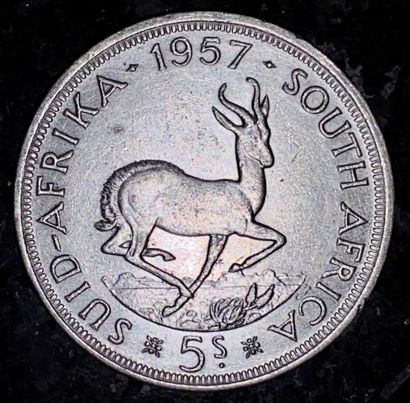 S A UNION SILVER 5 SHILLINGS 1957 VERY GOOD CONDITION SILVER CROWN