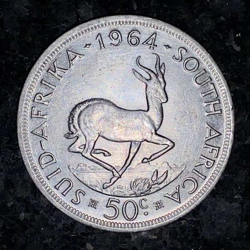 SOUTH AFRICA SILVER 50 CENT 1964 VERY GOOD CONDITION SILVER CROWN SIZE