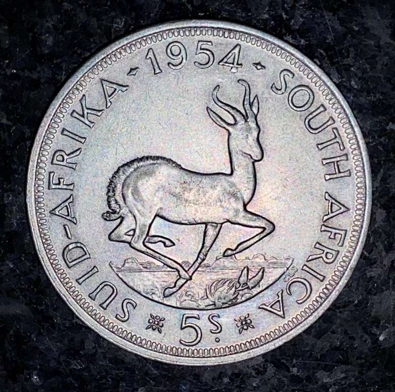 S A UNION SILVER 5 SHILLINGS 1954 MINTAGE ONLY 17040 VERY GOOD CONDITION SILVER CROWN